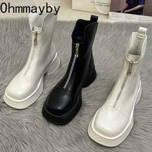 Boots 2022 Autumn Winter Shoes Thick Sole Women Ankle Fashion Square Toe Zippers Ladies Elegant Short Boot Platform Flats Heel Y2209