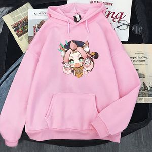 Anime Hoodie Genshin Impact Hot Game Diona Cute Print New Winter Clothes Women Oversized Sweatshirt Kawaii Cartoon Pockets