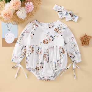 Rompers spädbarn baby flickor söt romper blommor tryckt långärmad rund hals romper jumpsuitheadband höstdräkt j220922