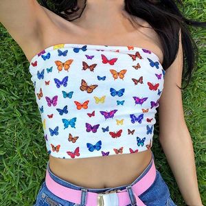 Tanques femininos Summer Mulheres Sexy Butterfly Print Tube tops Strapless White Bandeau sem mangas de sutiã embrulhada Tamanho do peito S-L