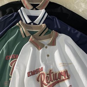 Damen-Poloshirts, Damen-Baseball-Shirts, Damen-Herbst, lässig, Vintage-Stil, Briefdruck, gestreift, Patchwork-Kragen, Harajuku, übergroß, mit Kapuze