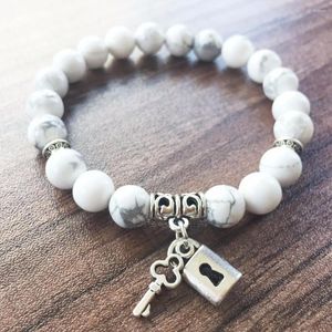 Braccialetto di filo per coppia 8 mm Ciondolo serratura d'amore bianco Howlite / Ciondolo chiave Bracciali Yoga di preghiera Perline di mala