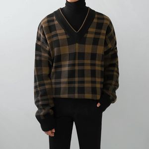 Suéteres masculinos Autumn Winter Fashion V Neck Sweater Plaid Tops Men Korean machine Male Manga Longa Jumpers soltos G266 220923