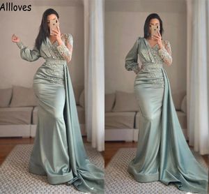 Sage Satin Mermaid Evening Formal Dresses With Long Sleeves Arabic Aso Ebi Sequins Lace Appliqued Prom Party Gowns Peplum Ruched Special Occasion Dress CL1177