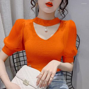 Women's Sweaters Korean Sweater Women Clothes Puff Sleeve Elegant Ladies Knit Tops Fashion Y2K Halter 2022 Fall V Neck Woman Pullover