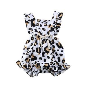 Rompers 2020 Fashion Toddler Kids Baby Girl ärmlös Ruffle Romper Leopard Print Summer Bow Kids Jumpsuit nyfödda kläder J220922