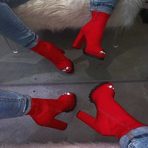 Bot Comemore Kadın Ayakkabı Ayakkabı Kadın Seksi Yüksek Topuklu Desen Zip Bayanlar Kırmızı Siyah Kadın Açık Ayak Parmağı Kadın Sock 43 Y2209
