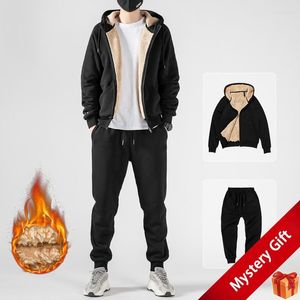 Men's Tracksuits Men's Lamb Wool Hooded Sweatshirts Suit Winter Plus Velvet Thick Hoodies Sweatpants Male Casual Zipper Cardigan Warm