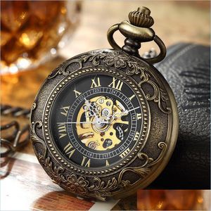 Inne vintage mechaniczne kieszeń Naszyjnik Sterpunk Men Bronze szkielet zabytkowe zegarki łańcuchowe 170 Q2 Drop dostarczenie 202 DHDVL