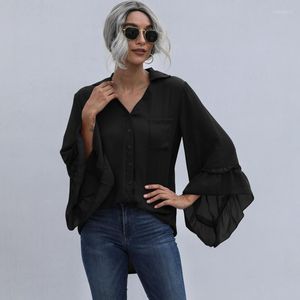 Women's Blouses Women's & Shirts Blouse For Women Chiffon Ruffle Bell Sleeve V Neck Design Elegant Shirt Casual Loose Slim Tunic Tops