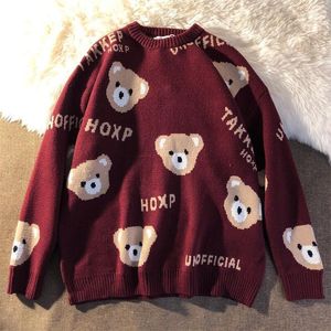 Kvinnors tröjor Kvinnors julbrev Cartoon Cute Bear Full Print Wine Rödtröja Vinter O-hals Casual Fashion Loose All-Match