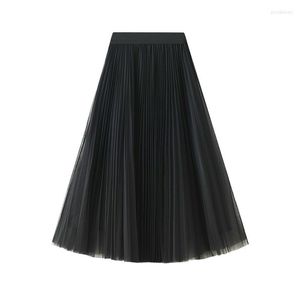スカート2023ファッションレディースハイウエストロングブラックスカート韓国スタイルファルダスエレガンツデミュージャーのためにプリーツされたエレガントなチュール