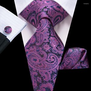 Bow Ties Hi-Tie Silk Designer Paisley för män Purple Gold Neshtie Pocket Squre Cufflinks Set Mens