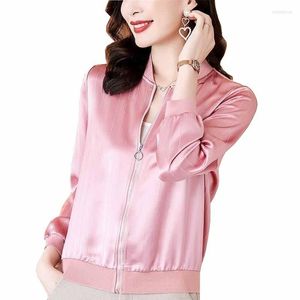 Women's Jackets 2022 Fashion Women's Baseball Short Faux Satin Fabric Casual Loose Tops Spring Autumn Zipper Lady Outerwear Coats JH172