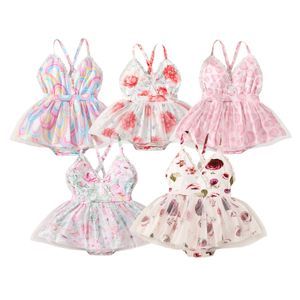 Rompers Newborn Baby Girls Floral Romper V Neck Lace Mesh High Waist Sleeveless Summer Sweet Jumpsuit Clothing J220922