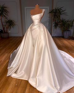 Pearls Mermaid Wedding Dresses Sleeveless One Shoulder Sequins Detachable Train Satin Bridal Gowns