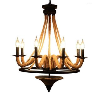 Pendantlampor Vintage Industrial Handmased Rope Chandelier smidesjärn Black Circle Bracket Candle Design Living Room Lamp E14