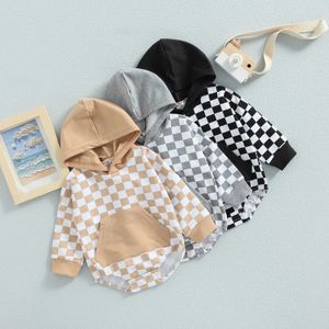 Rompers Infant Baby Girls Boys Autumn Clothes Romper Checkerboard Print Patchwork Hooded Long Sleeve Jumpsuits with Pockets J220922