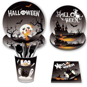 Black Witch Ghost Divertente Halloween Party Set di stoviglie usa e getta Piatti Tazze Tovaglioli Set da pranzo Halloween BOO Decorazione per feste FY5589C0924