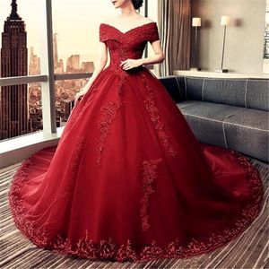 Suknia ślubna elegancka koronkowa z ramion królewska sukienki pociągu w stylu dekoltu w szyku bordowe suknie ślubne vestidos de noiva