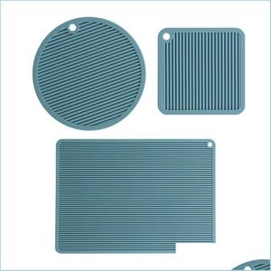 Mats Pads 3Pcs / Set Rectangar Tavolo da pranzo Tazza Ciotola Rotondo Quadrato Cucina Heat Insation Sile Placemat El Coasters Riutilizzabile Drop Delive Dhqxu