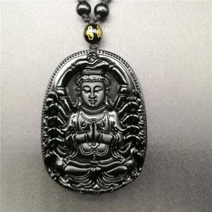 Hänghalsband släpper högkvalitativa smycken svart obsidian snidade tusen händer av guanyin buddha halsband för kvinnor män