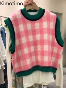 여자 스웨터 kimotimo 히트 컬러 격자 무늬 스웨터 조끼 여성 2022 가을 겨울 컬러 블록 O 목 스웨터의 한국인 복장 소매 니트 탑 J220915