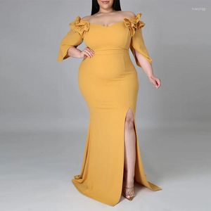 プラスサイズのドレスロングフロアドレス女性フリル半袖スリットセクシーなファッションイブニングパーティーの女性春の服2022