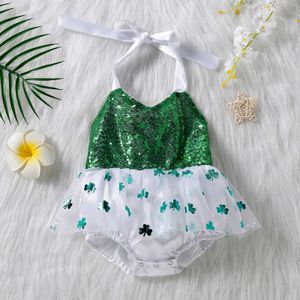 Rompers Baby Girls Romper Dress Sequins Green Clover Print Sleeveless Halter Jumpsuits Cute Backless Summer Clothes J220922