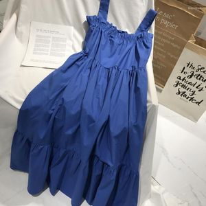Casual Dresses 2022 Summer Boho Dress Sexy Ruffles Sleeveless Women Blue Long Elegant Pure Color Cotton Maxi Vestidos