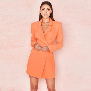 Casual Dresses Women Winter Long Sleeve Slim Blazer Dress Double Button Fashion V-Neck Orange Sexig Club Runway Mini Streetwear Outfits