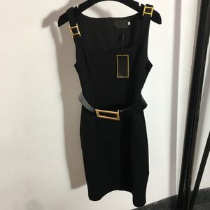 Cinto elegante vestidos sem mangas saias de botão dourado feminino preto vestido casual sexy colete designer saia longa