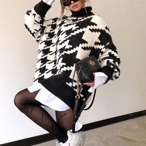 Kadın Sweaters Kadınlar Uzun Kollu Sonbahar Kış Büyük Boyu Kazak Elbise Kadın Boş Bultleneck Siyah Kazık Mini Mini Houndstooth Seksi