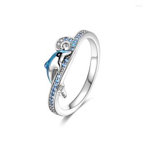 Wedding Rings Silver Color Blue Series Ocean Dolphin Finger For Teens Female Ring Women Design Jewelry Gift Girlfriend