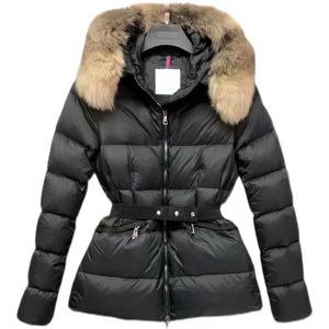 Designer Womens Down Parkas Waist Fit Slim Hooded Fur Collar Western Style Fashion Shiny Thick Embroidered Badge Winter Coat