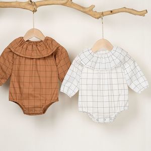 Baby Boy Girl Rompers Lotus Leaf Collar Grid Spring Clothing Children Long-sleeve Fashion Infant Cotton Clothes Kids Romper 20220924 E3