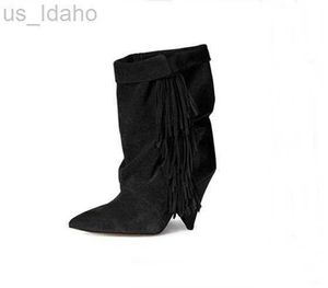 Boots Plus Size 10 Suede Fringe Onkle Boots Sexy Cone Heel Cyel Pleated Onkle Boots Women Low Heel Winter Dress Shoes Black Gray L220923