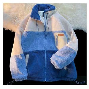 Women's Jackets Women's Blue Splicing Vintage Turtleneck Zipper Winter Baseball Uniform Oversized Jacket Women Wool Coat Casual Thick