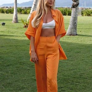 Women's Tracksuits Bclout Orange Linen Pants Set Women 2 Pieces Autumn Loose Short Sleeve Single Breasted Solid Shirts Casual Wide Leg Pants Suits 220924