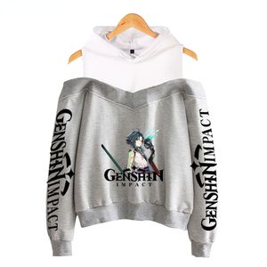 Genshin Impact Crop Shoulder hoodies womens Sweatshirts Pullover Off-shoulder Harajuku girl's hooded fashion Tracksuit Oversized