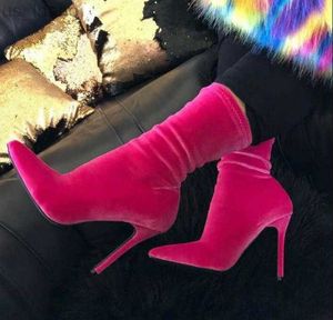 Çizmeler Pembe Kadife Çorap Ayak Bileği Çizmeler Kadın Seksi Sivri Burun Stiletto Topuklu Ziyafet Elbise Ayakkabı Slim Fit Bayan Kısa Bootie Artı Boyutu L220923