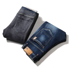 Herr jeans vinter varm fleece mager stretch casual smal tjock bomull denim mjuk svart blå märke byxor byxor man 35 38 220923