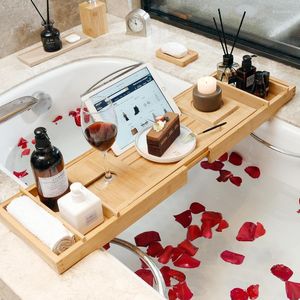 Hooks Bamboo Bathtub Tray Can Be Extended To Place Objects Soak More Comfortable Bathroom Accessories Watch The Show
