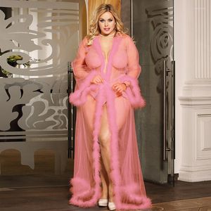 Women's Sleepwear Women Transparent Erotic Underwear Sexy Lace Lingerie Robe Long Sheer Pajamas Plus Size Dress