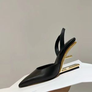 Top F Line Metal Heel Women s Formal Shoes Leather Pointy Cut Out High Heels Sexig Fashion Baotou Back Empty Luxury Designer Party Dress Shoes