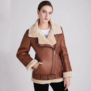 Pelle da donna Faux Casaco Donna Inverno Lana di agnello Parka Collo di pelliccia Giacca con cerniera Calda Capispalla spessa Cappotto di agnello Moto