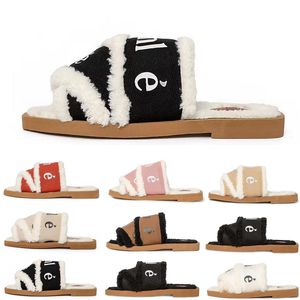 Woody Mules Damen Designer Hausschuhe Slides Sandalen Pelz Canvas Lammfell Mode Flach Weiß Schwarz Segel Frau Outdoor Strand Pantoufle Winter Slide Sandale