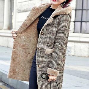 Women's Wool Blends Women's Plaid Wool Coat Thic Velvet Thickened Warm Mid-Length Jackets Hooded Warm Woolen coat Ladies Winter Jacket Faux Fur Coat 220924
