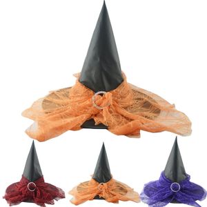 Factory direct sale halloween gauze red black purple yellow yarn party wizard witch festival hats