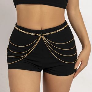 Sexig bikini Body Chain Geometric Black Color Pu Leather Belly Midje kedja för kvinnor Klädfestival smycken bär strandfest